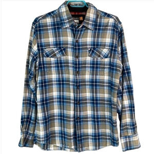 QUIKSILVER Mens Plaid Flannel Button Up Shirt Blue Tan Long Sleeve Logo Skate S